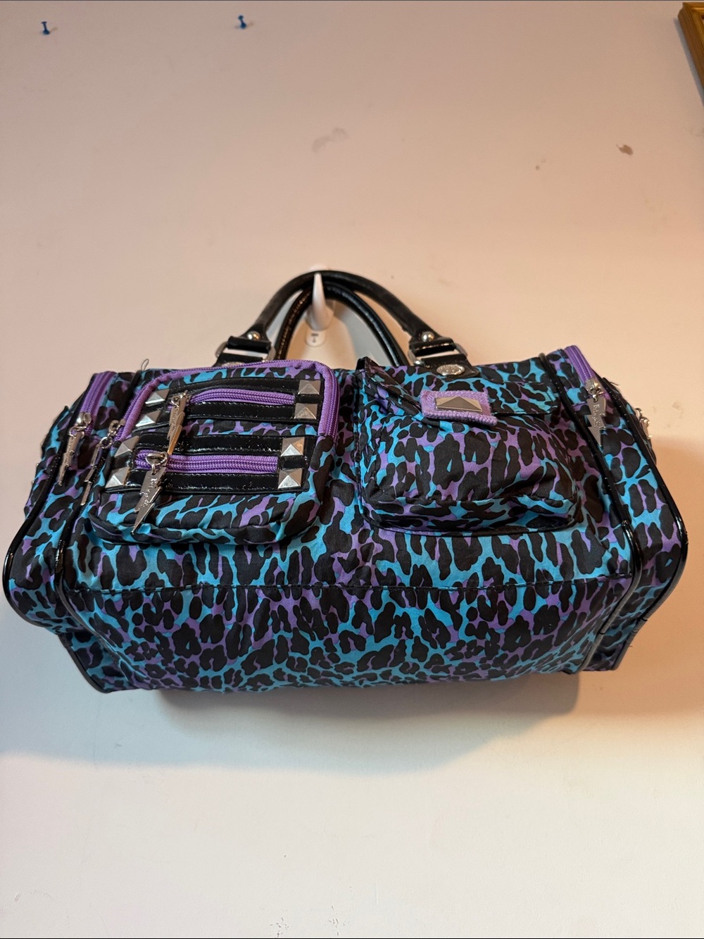 Betsey Johnson Purple & Teal Animal Print Duffel Satchel Handbag - Picture 9 of 15